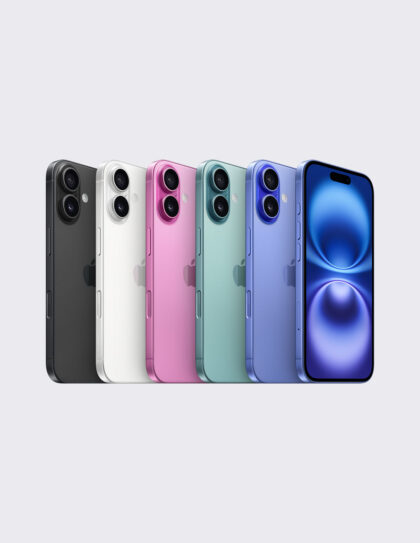 iPhone 16 Family Lineup showing colours Purple, Teal, Pink, White, Black